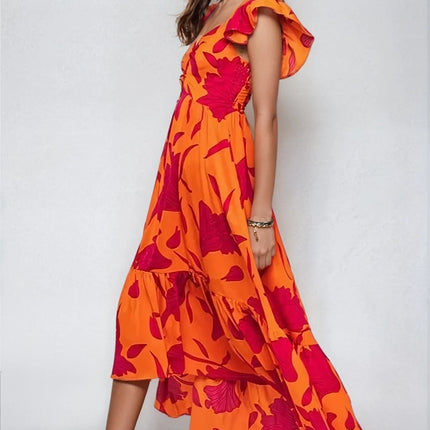 Vibrant Fire Floral High Low Maxi Dress