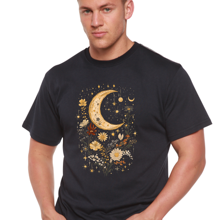 Celestial Moon Boho Flowers Vintage Unisex Bamboo/Cotton Graphic T-Shirt