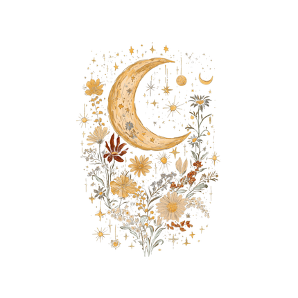 Celestial Moon Boho Flowers Vintage Unisex Bamboo/Cotton Graphic T-Shirt