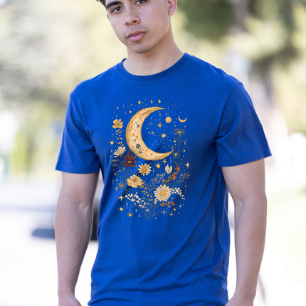 Celestial Moon Boho Flowers Vintage Unisex Bamboo/Cotton Graphic T-Shirt