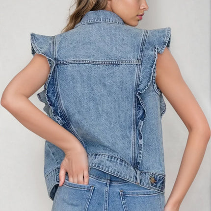Victorian Charm Ruffle-Trim Denim Vest Jacket – Sleeveless Statement Layer- Light Denim