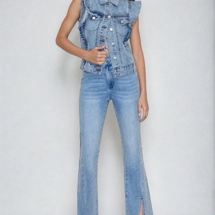 Victorian Charm Ruffle-Trim Denim Vest Jacket – Sleeveless Statement Layer- Light Denim