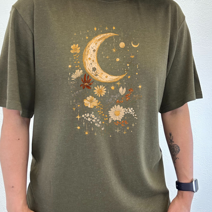 Celestial Moon Boho Flowers Vintage Unisex Bamboo/Cotton Graphic T-Shirt