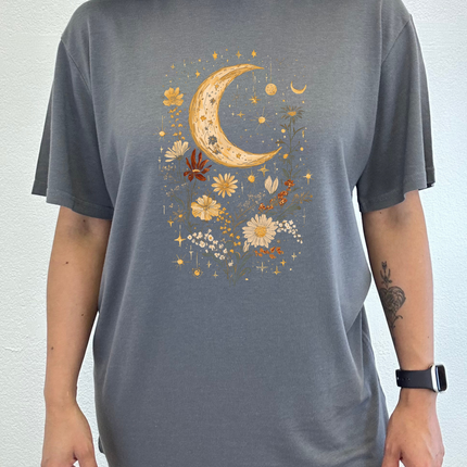 Celestial Moon Boho Flowers Vintage Unisex Bamboo/Cotton Graphic T-Shirt