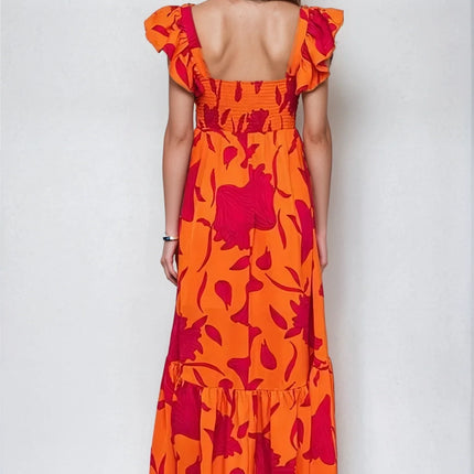 Vibrant Fire Floral High Low Maxi Dress