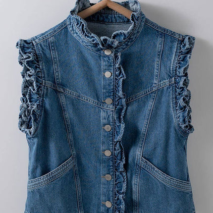 Victorian Muse Ruffle-Trim Denim Vest – High Collar Statement Layer