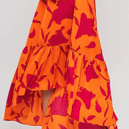 Vibrant Fire Floral High Low Maxi Dress