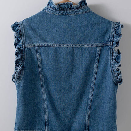 Victorian Muse Ruffle-Trim Denim Vest – High Collar Statement Layer