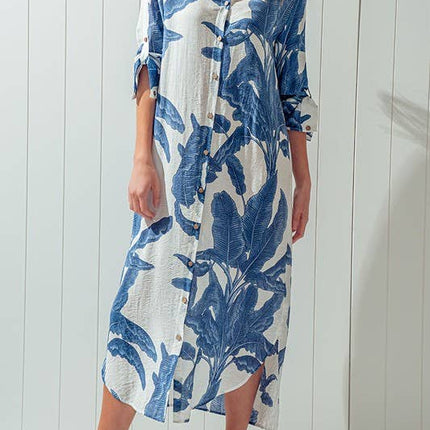 Tropical Palm Leaf Button-Down Midi Dress - Resort and Spring Collection