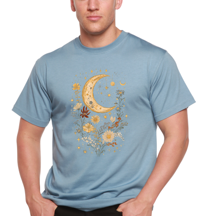 Celestial Moon Boho Flowers Vintage Unisex Bamboo/Cotton Graphic T-Shirt