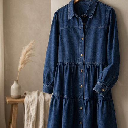 Button Down Babydoll Ruffle Denim Dress