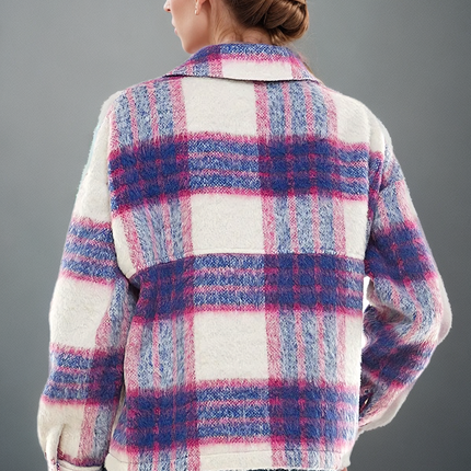 Soulful Serenity Denim Blue and Pink Brushed Plaid Shacket.