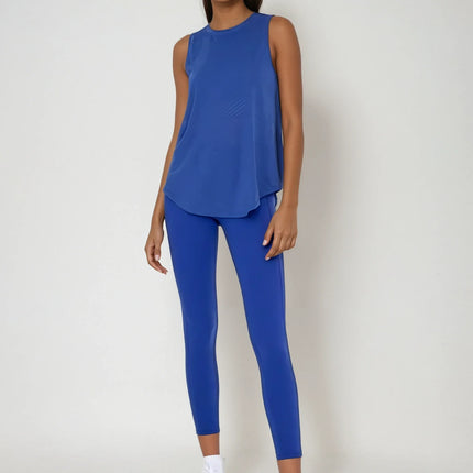 Sheer Striped Mesh Active Tank with Cut-Out Back Blue