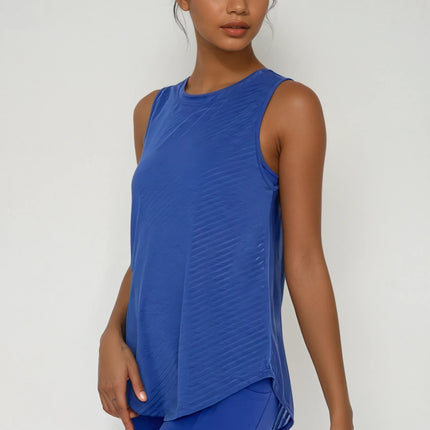 Sheer Striped Mesh Active Tank with Cut-Out Back Blue