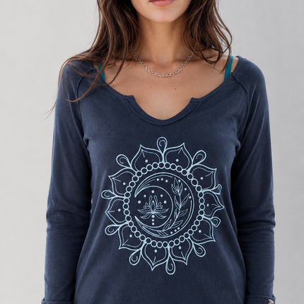 Moon Mandala Navy Cotton V-Neck
