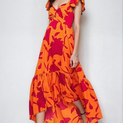 Vibrant Fire Floral High Low Maxi Dress