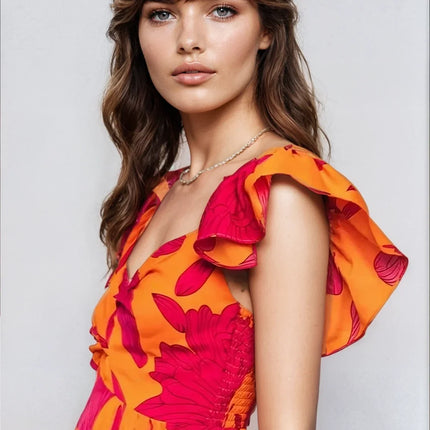 Vibrant Fire Floral High Low Maxi Dress