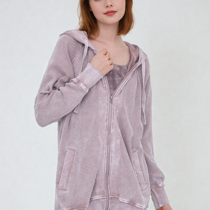 Oversized Waffle Knit Zip-Up Hoodie