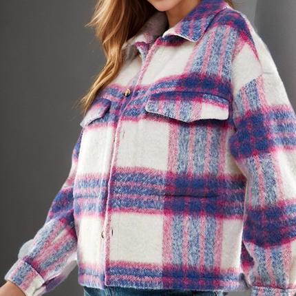 Soulful Serenity Denim Blue and Pink Brushed Plaid Shacket.
