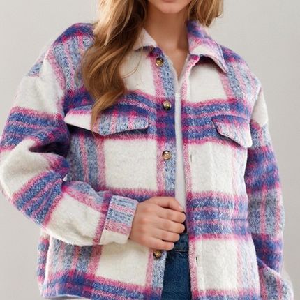 Soulful Serenity Denim Blue and Pink Brushed Plaid Shacket.
