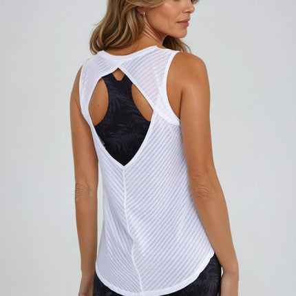 Sheer Striped Mesh Active Tank with Cut-Out Back